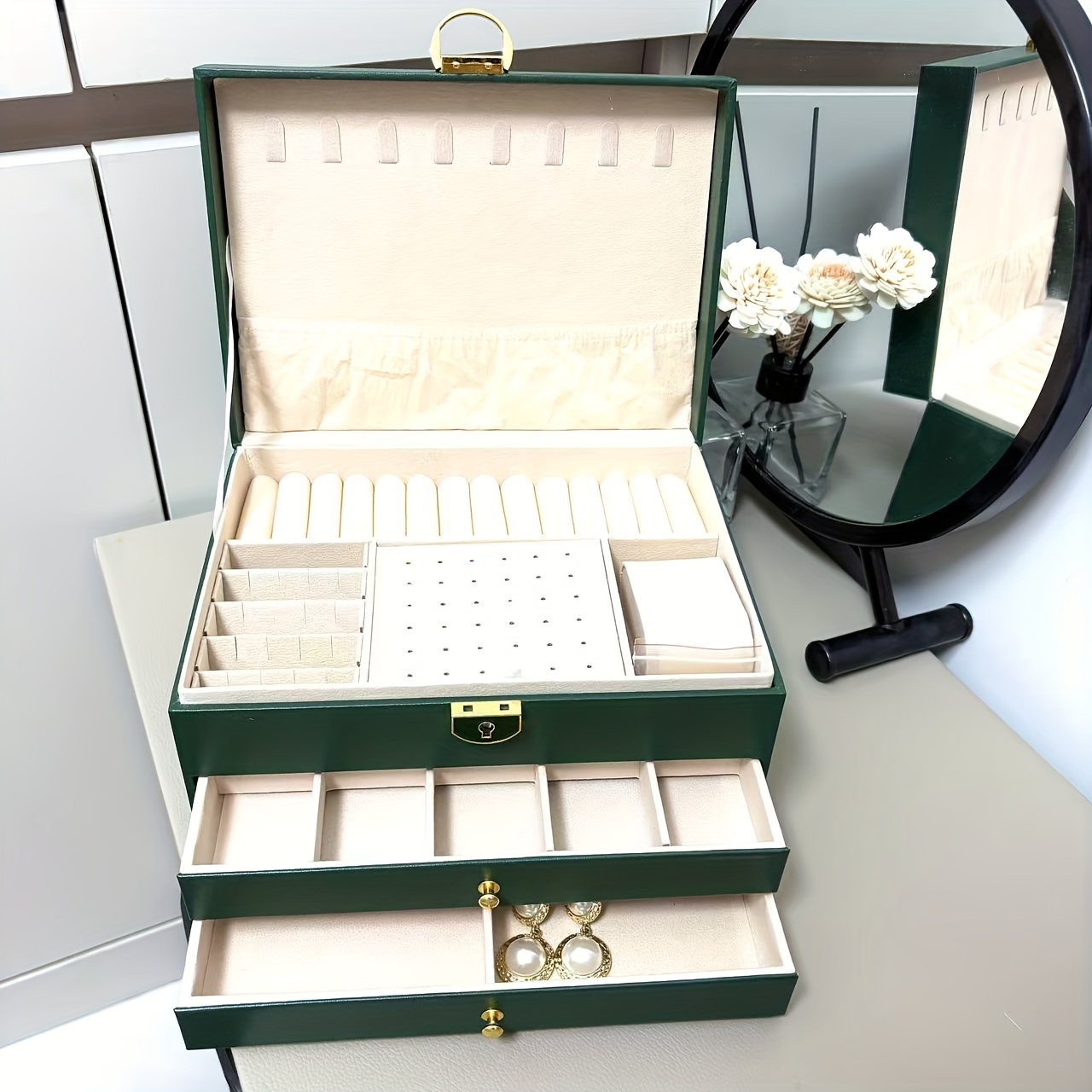   box organizer elegant   tier storage case with key lock closure soft fabric lined compartments for necklaces earrings bracelets rings perfect gift for women home   use durable construction jewelry organizer storage jewelry boxes Product details 3