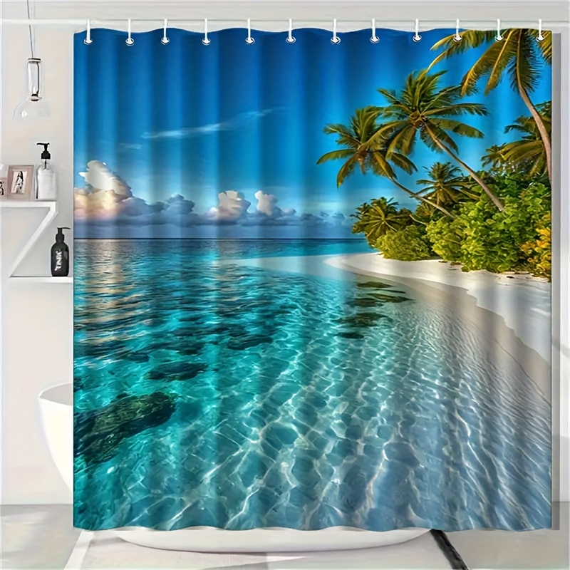TEMU 1pc Mauritius Islands Beach Tropical Paradise Shower Curtain - Durable Polyester Fabric With 12 Hooks, Machine Washable, Multiple Sizes, Vibrant