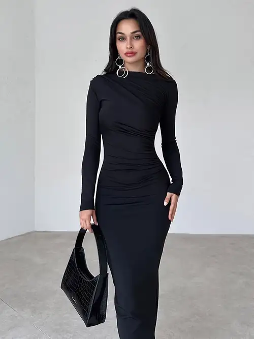 casual tight fitted dresses Minimalist Grey Tight Maxi Dress, Fitted Bodycon Dress for Women Casual Chic Long Sleeve Cotton Dress, Spring Fit and Flare Scoop Neck Dress