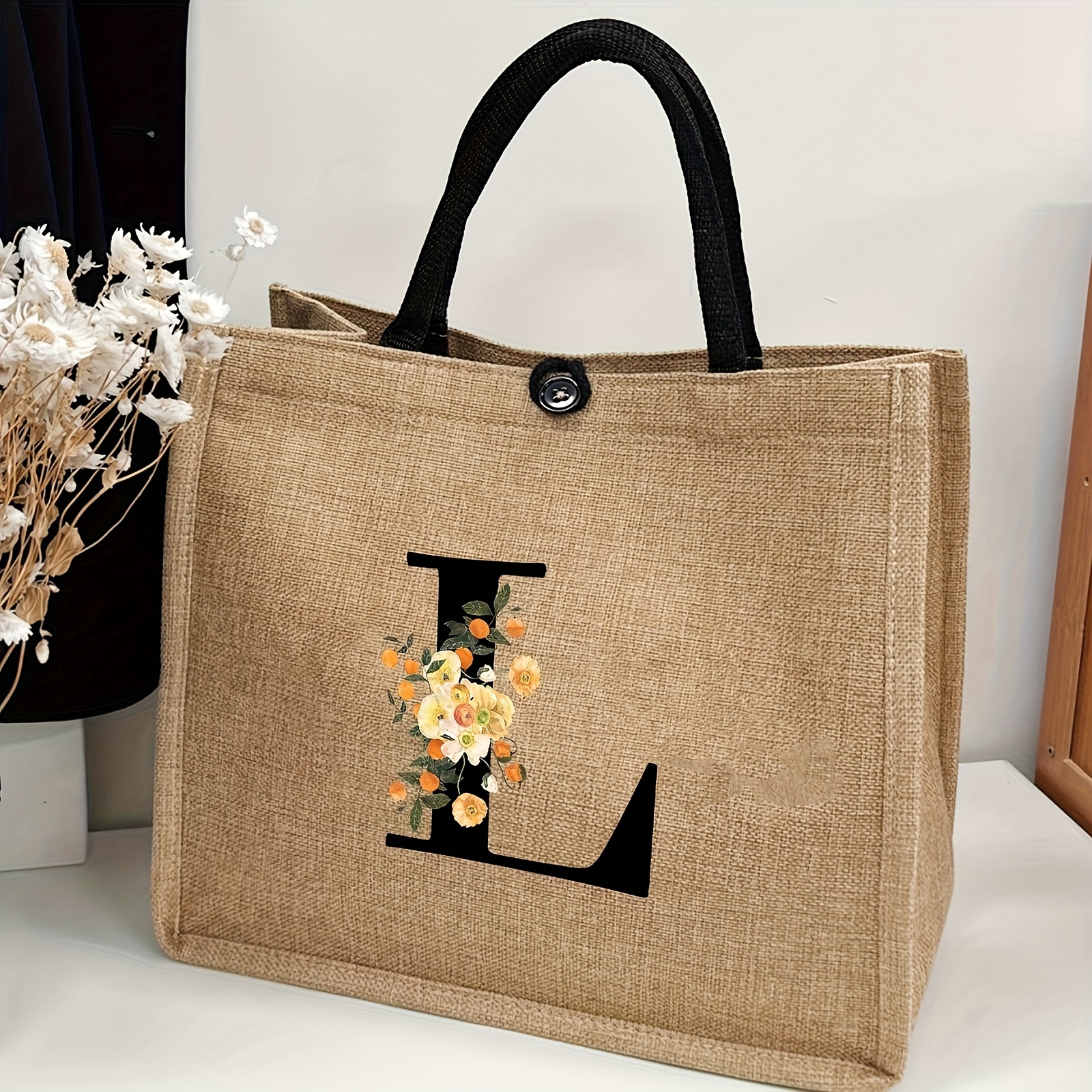 

Chic Floral & Letter Print Linen Tote Bag - Spacious, Nylon Shoulder Bag For Teachers, Graduation, Beach, And School Gifts - Khaki