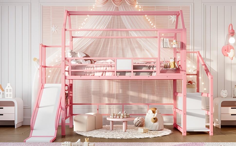 BELLEMAVE 2-1 Twin Loft Bed with Slide And Stairs, Metal Playhouse Bed with Storage Shelves, House-shaped Loft Bed And Noise-free Design, Pink