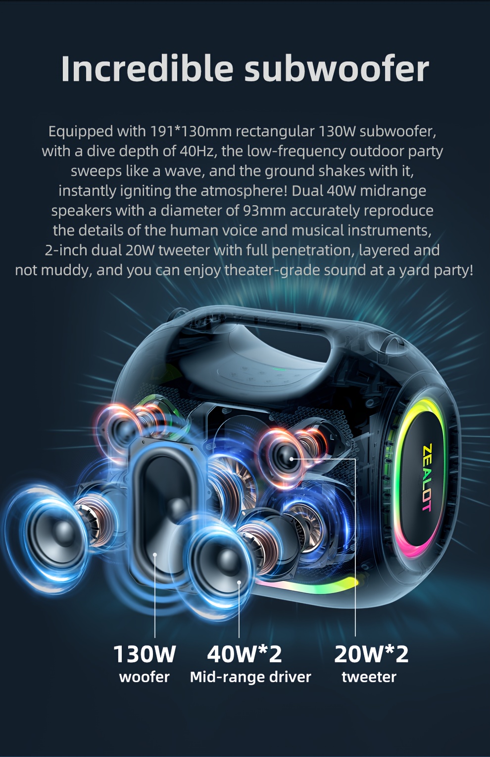   ze21 250w high power wireless speaker portable for outdoor use with 5 speakers built in 48000mah battery rgb color lights compatible with sd usb aux supports two serial speakers hands free calling supports mobile tablet tv computer Product details 1