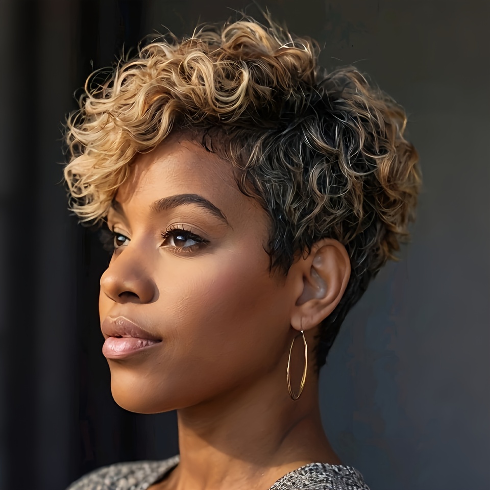 TEMU Women's Brazilian Human Hair Wig - Glueless Cut With & Blonde Highlights, 180% Density Curly , Soft Breathable , Machine- & Natural Look For Everyday, Party, Carnival, Christmas - Salon