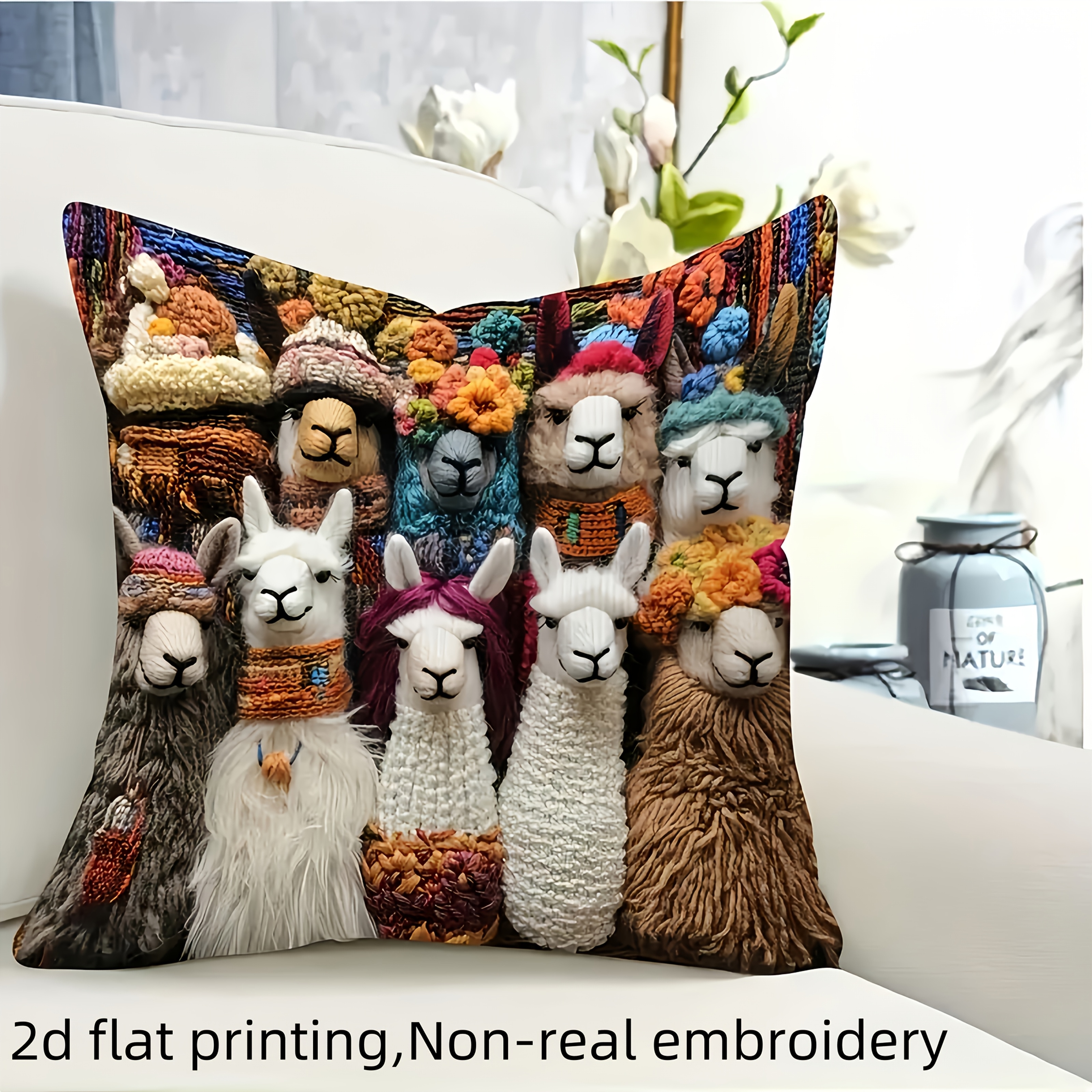 TEMU 2d Flat Printing 1pc Whimsical Alpaca Print Pillow Cover, Soft And Comfortable Polyester Material, 18x18 Inches With Colorful Hat And Scarf