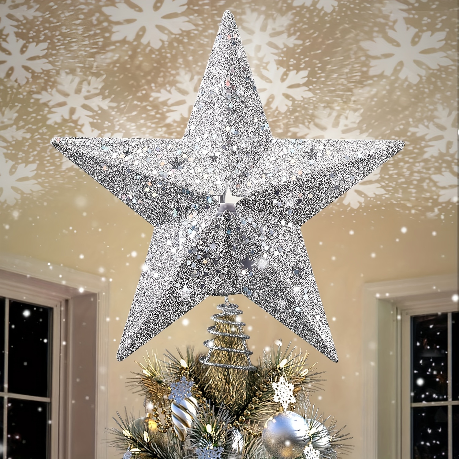 

Sparkling Led & Star Christmas Tree Topper - 11.3'' Glittered Rotating Treetop Light, Holiday Decor & , Silvery