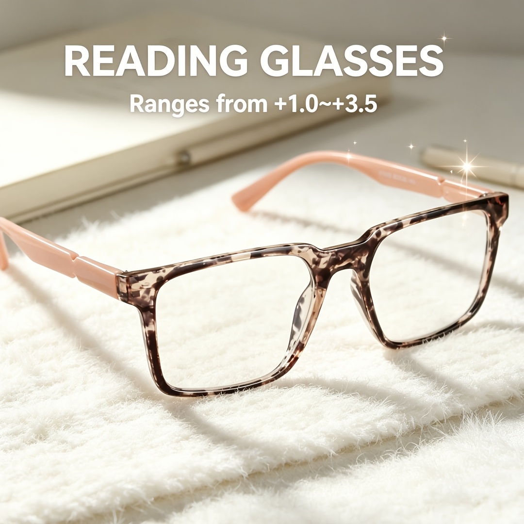 Pink Tortoiseshell Square Reading Glasses with Black Diamond Pattern Case