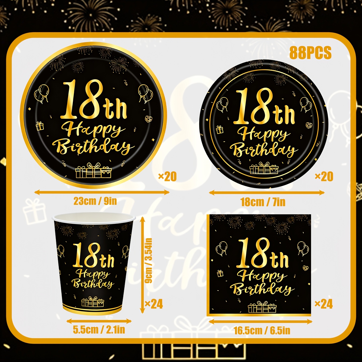 Image of 300gsm 88pcs 18th Birthday Party Tableware Set Perfect For | Black Golden Fireworks Balloons Theme | Heavy Duty Disposable Paper Dinner Dessert Plates Cups Napkins | Old Milestone Birthday Decors