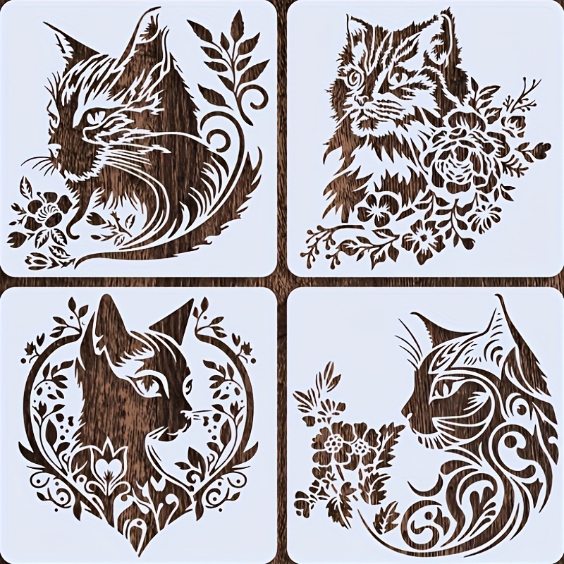 TEMU 4er-Set Katzenschablonen, 15 x 15 cm (5,9 x 5,9 Zoll) Wiederverwendbare florale Katzen-Malvorlagen, für Kunst, Holzschilder, Stoff, ,