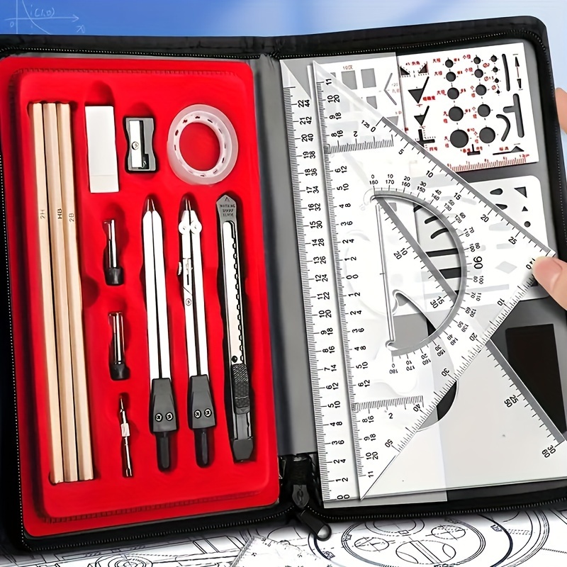 

Kit de de dessin professionnel - Ensemble de de géométrie 22 pièces avec étui de transport zippé - Outils de dessin et de mesure de précision avec crayons et mineurs de rechange