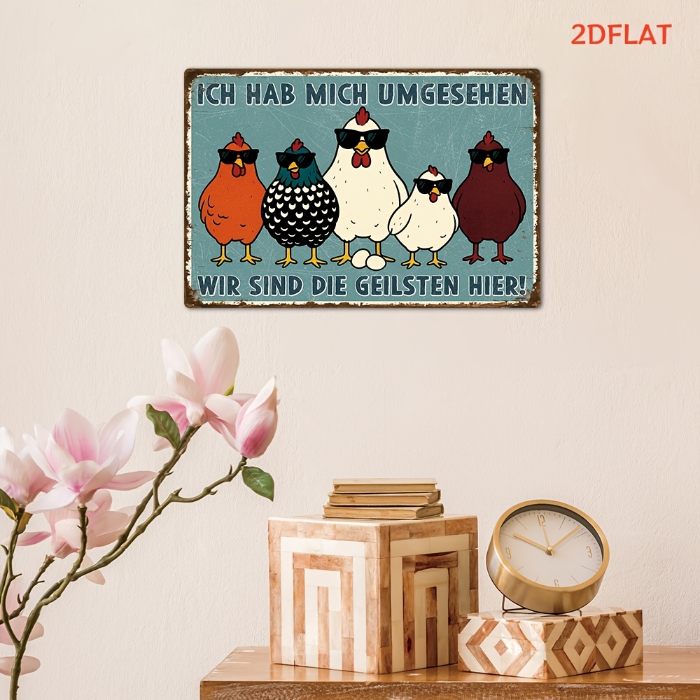 E-shop 2D Flat - . 2D Flat Vintage Deutsche Holz Dekorative Plakette | Retro-Spruch "Ich Hab Mich Um Gesehen" mit Hühnerdesign - Ideal für Zuhause,