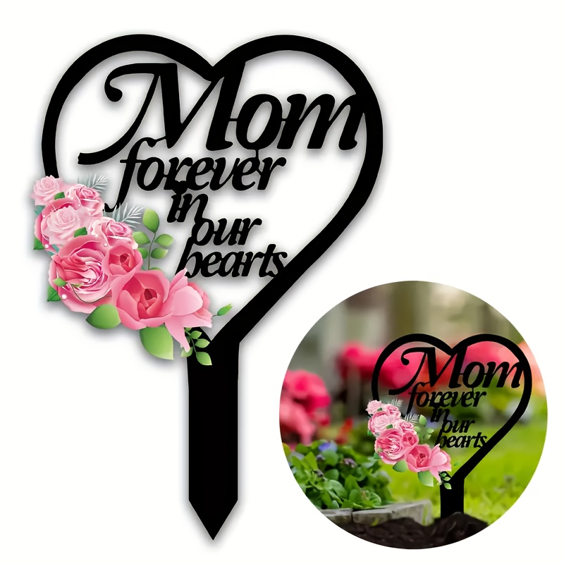 

In Our Hearts - Black Acrylic Memorial Garden Stake, Sympathy Grave Marker For Outdoor Yard Decor, Artistic Tombstone Mom, 8"x5.6" - Cemetery Decoration, Room Decor