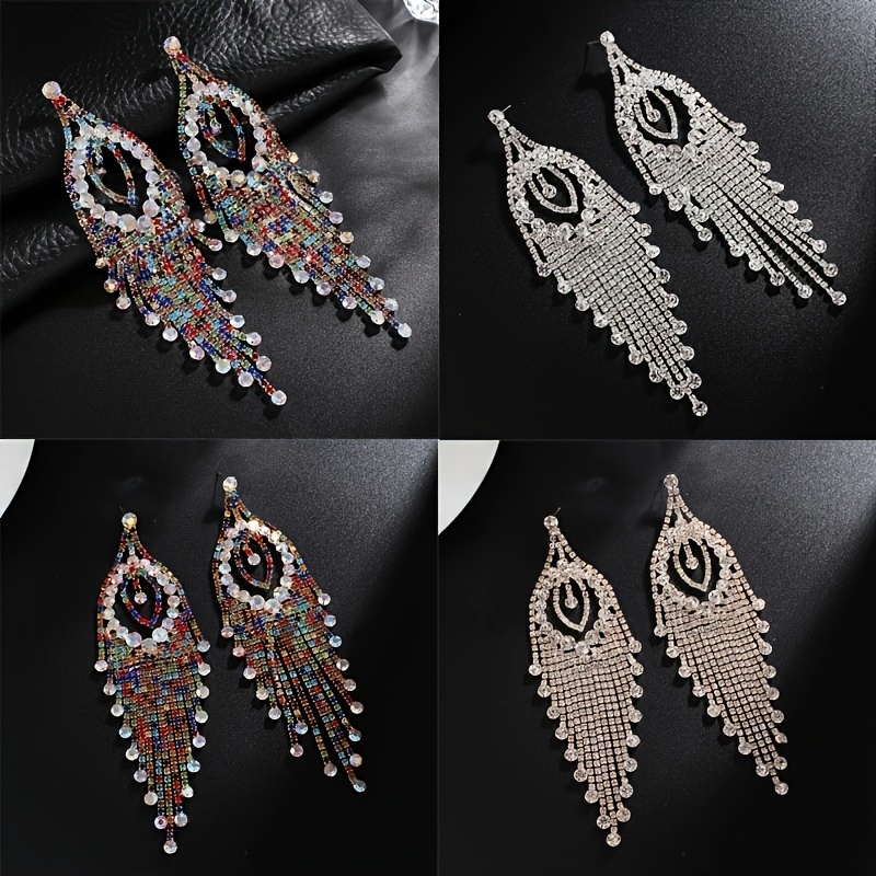 

4 Pairs Of Chandelier Earrings, Luxury Shining Rhinestone Tassel Earring Engagement/ Wedding Decor Jewelry Gift For Women