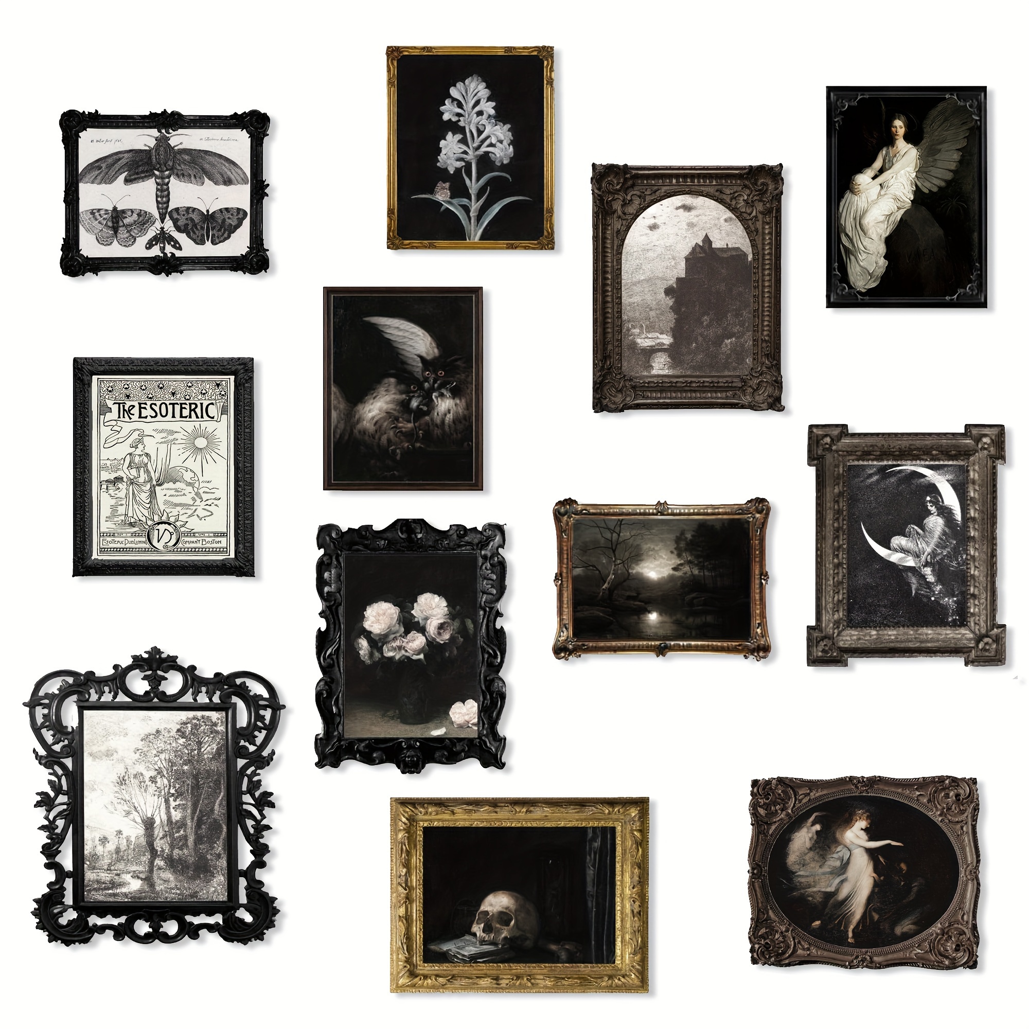 

12pcs Gothic Wall Art Set, Dark Academia Prints, Horror Theme Posters, Solid Pattern, Spooky Bedroom Home Decor, Frameless Vintage-style Illustrations