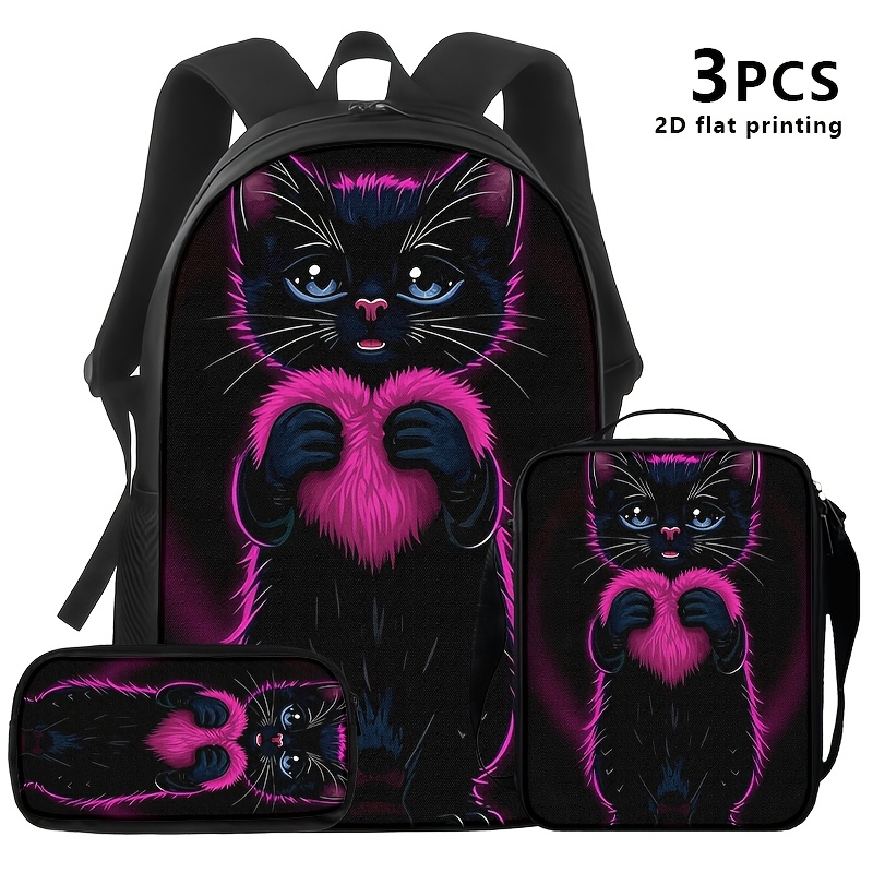 TEMU 1pc/2pcs/3pcs Backpack, Lunch Bag, And Pouch With Black Cat Holding Pink Black Background. Dark Aesthetic, Ideal For Adults' Daily , Or Travel.