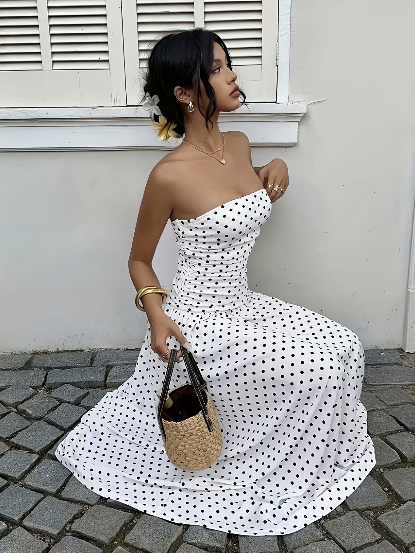 white polka dot printed strapless maxi dress perfect - Temu Mauritius