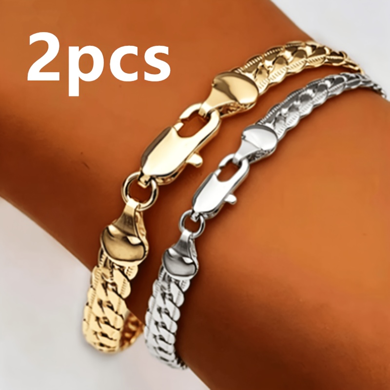 TEMU 2pcs 925 Silver Plated Unisex Twisted Rope Bracelets 2 Colors Stacked For Style Fashion Daily Jewelry Accessory Best For Vacation And Daily Wear