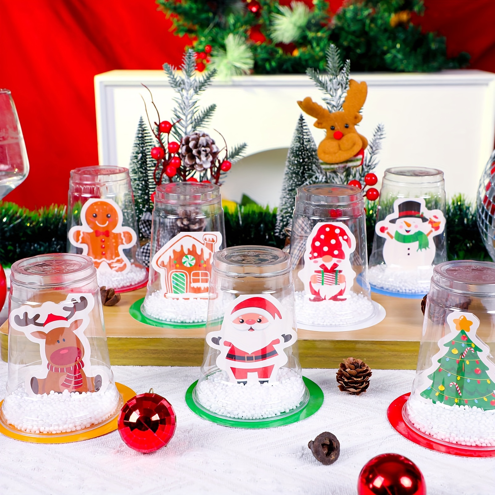 

Diy Christmas Snow Kit - 12 Sets With Clear Plastic Cups, Snowman, Santa & Reindeer Designs - Includes Craft Supplies For Holiday Decorations