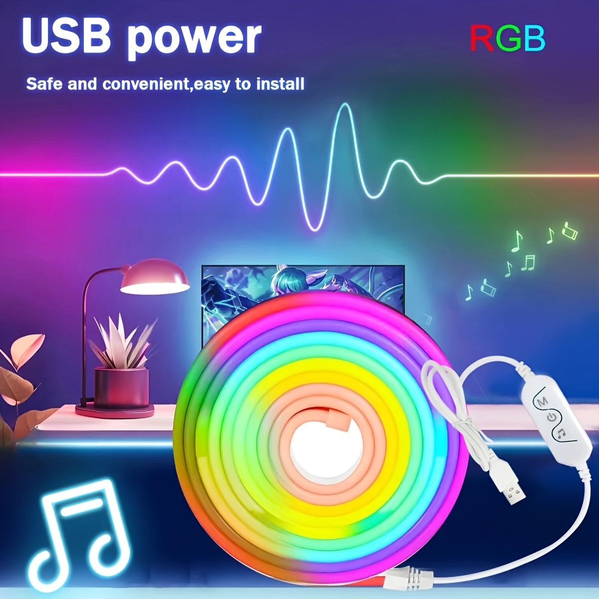 Bandeau lumineux RGB USB, contrôle par bouton, mode musique synchronisé, personnalisable, idéal pour fêtes, jeux ou détente