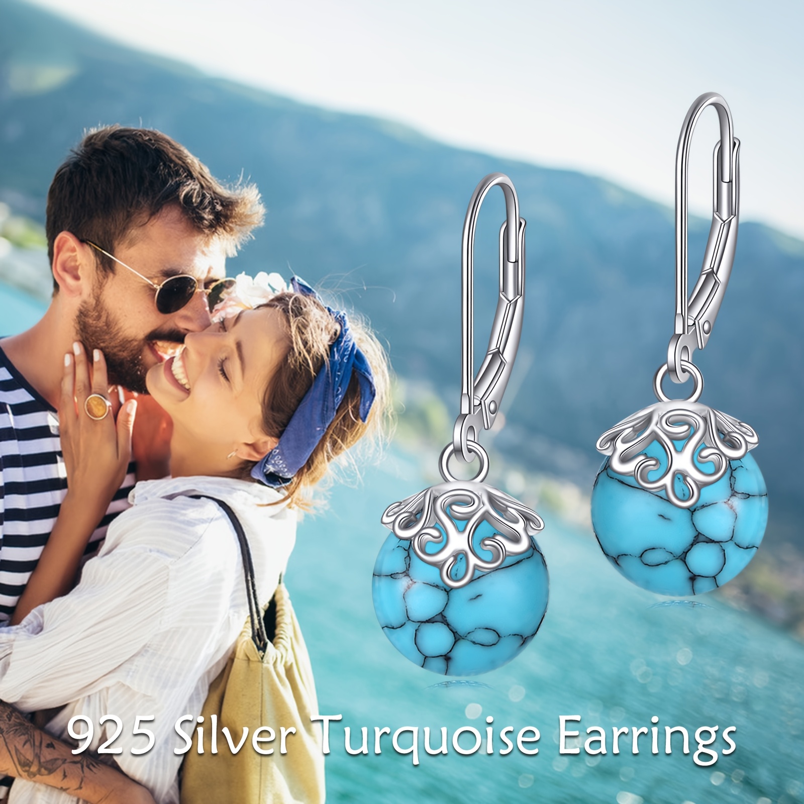 synthetic turquoise   earrings 925 sterling silver dangle leverback earrings for women birthday gifts hypoallergenic Product details 1