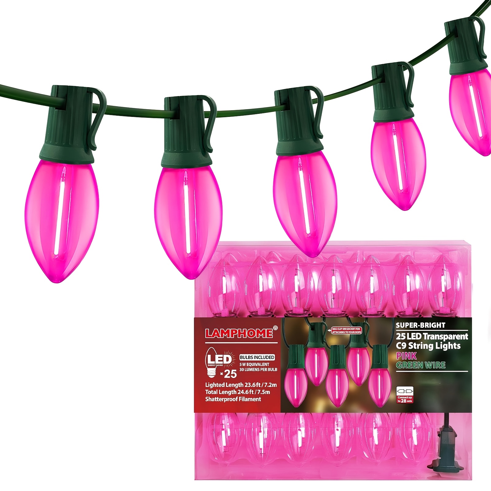 TEMU Lamphome Valentine's Day Lights 25ft C9 Vintage String Lights With 25led, Hanging C9 Pink String Lights For Christmas, Party Decor