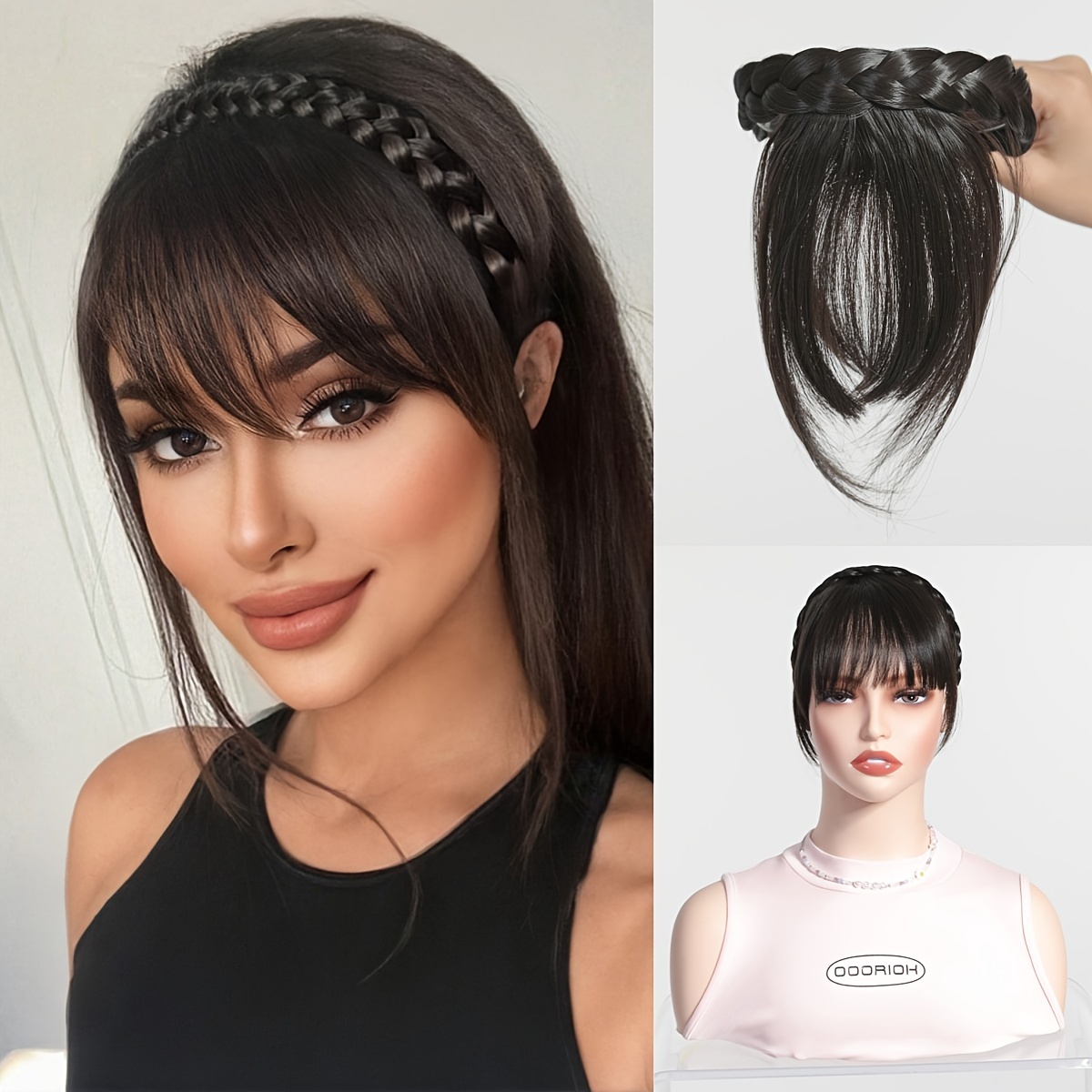 Image of 3 Strands Braid Hair Band Plus Head Wig With Bangs 4 Inches Wig, Fashion High-quality Chemical Fiber Hair Made, Not Easy To Or Become Frizziness. Suitable For Women To Wear On , Daily Or Party