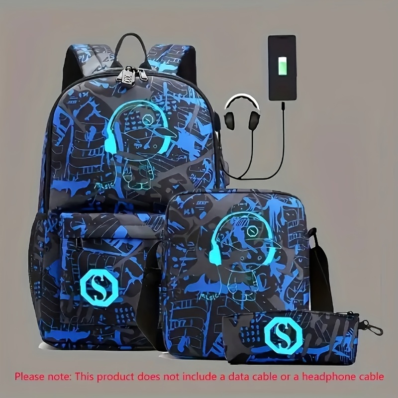 3pcs sets luminous printed backpack large capacity student lightweight casual backpack with crossbody bag and pencil details 3