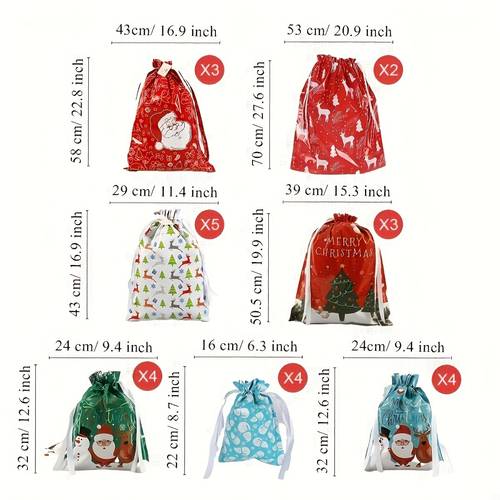 gift bags 25pcs drawstring gift bags assorted sizes large medium small wrapping bags 12 design goody bags for presents with tags xmas gift bags for christmas new year party the bag patterns are random