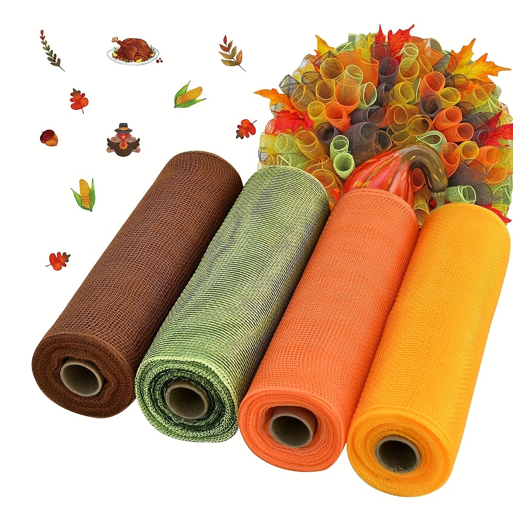 

4 Rolls Of Poly Mesh Decorative Ribbon In Brown, Orange, Yellow, And Green - Perfect For Fall, Thanksgiving, Harvest, And Halloween Decorations