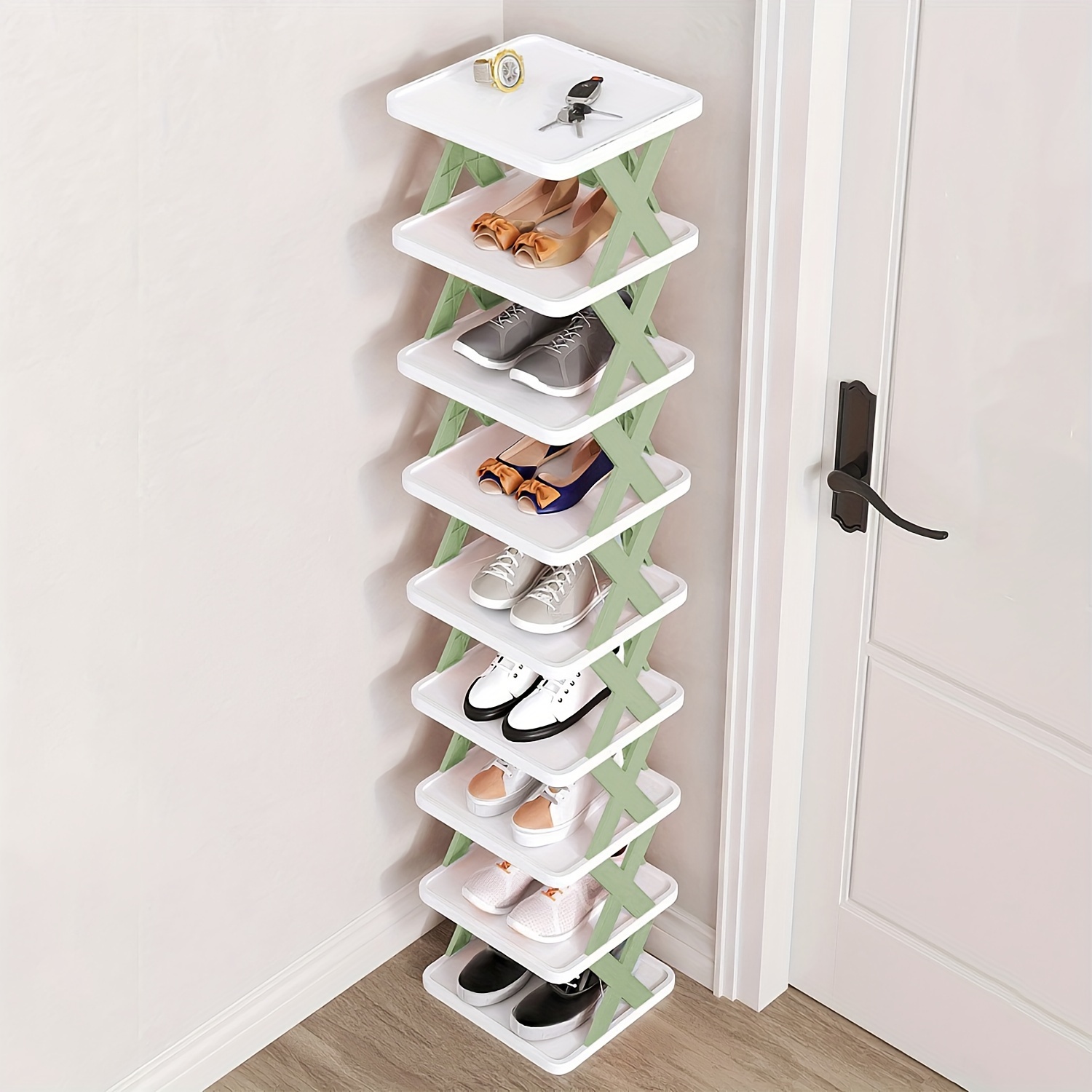 

9 Tier Narrow Entryway Shoe Rack Plastic Vertical Shoe Organizer Space Saving Free Standing Shoes Storage Shelf Closet Hallway