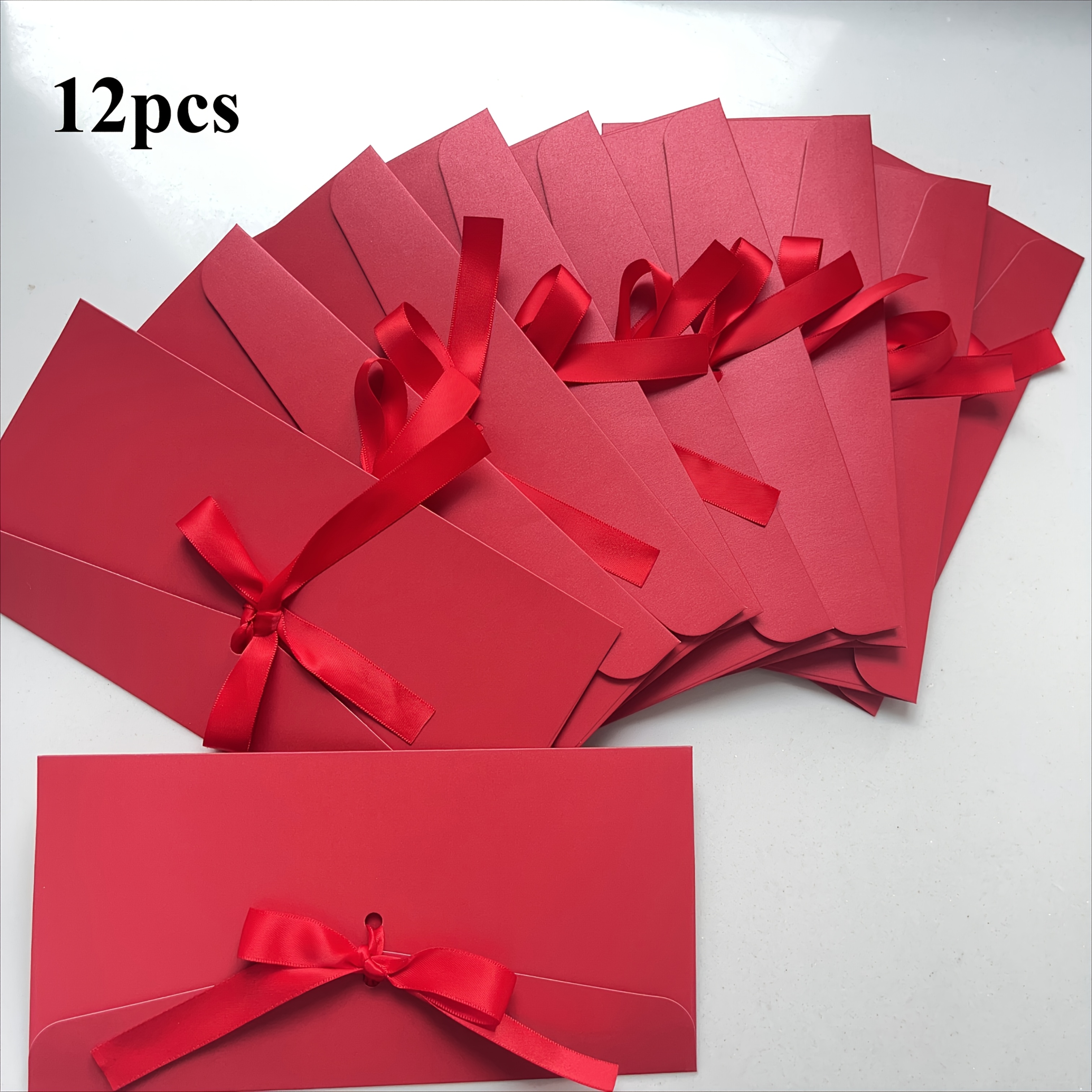 TEMU 12 Elegant Red Gift Envelopes With Ribbon Bows - 8.66x4.33 Inch Paper Invitations, Suitable For Birthdays, Christmas, Mother's Day, Etc. -