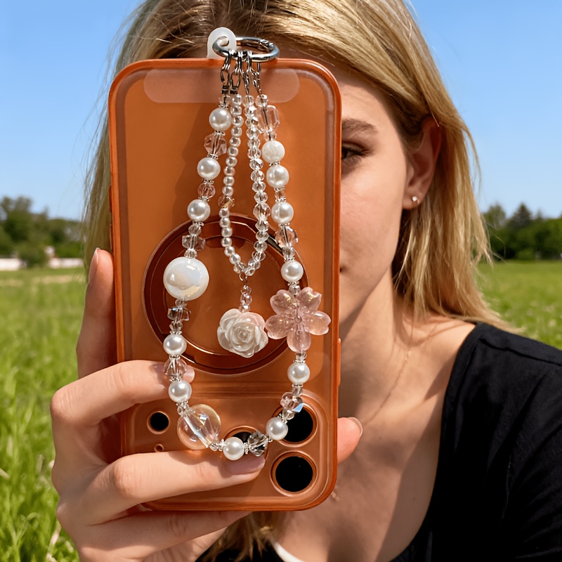 TEMU 1pc High- Iridescent Mobile Phone Chain Double-layer Handmade Beaded Rose Cherry Pendant Girly Anti-loss Mobile Wristband