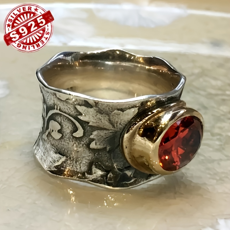 TEMU Stylish Women's Ring Made Of 925 Sterling Silver, Featuring A Large Light Oval Natural Stone In A Bohemian Retro Design - A Luxurious Fashion