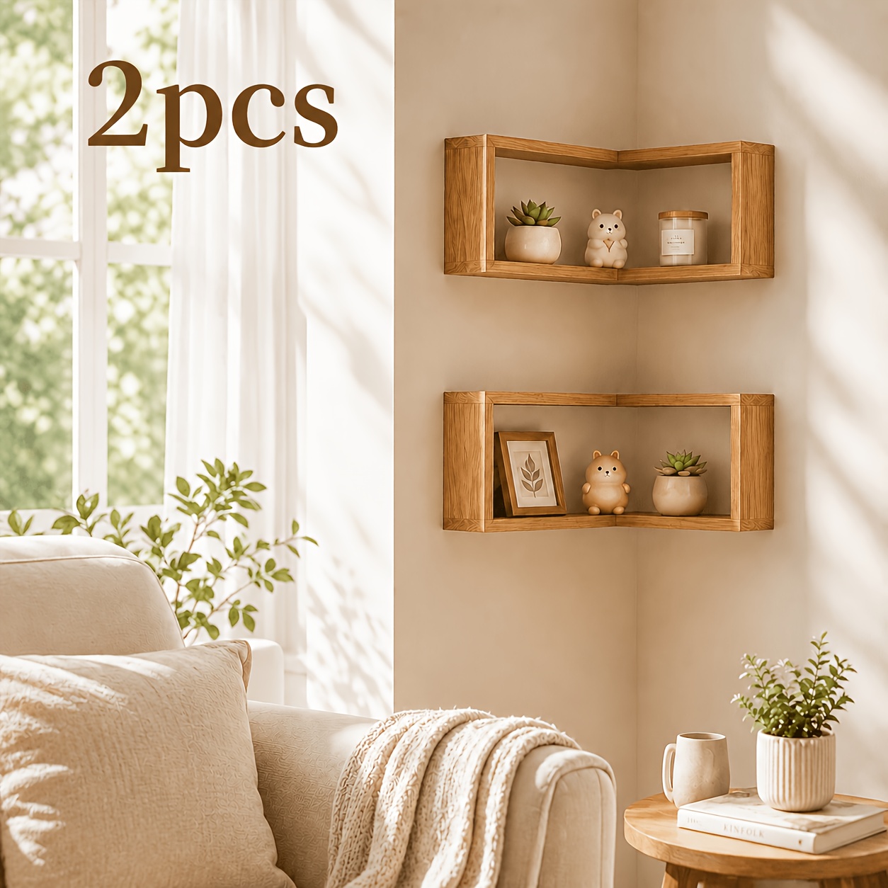 Wooden Corner Wall Shelf Set with Floating Design