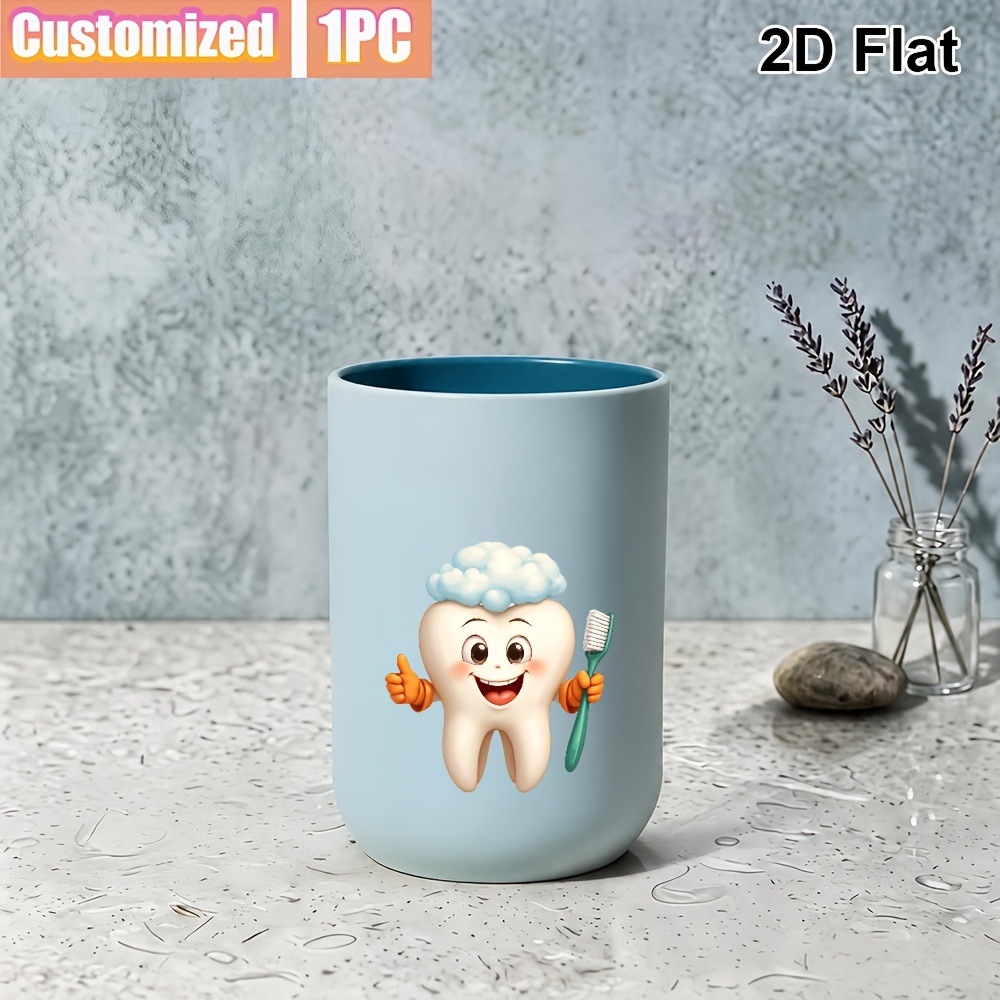TEMU 1pc 2d Flat Custom Mouthwash Cup, Sparkling Happy ! Cute Tooth And Toothbrush Design, Suitable For And Enthusiasts, For Bathroom Or Decor,