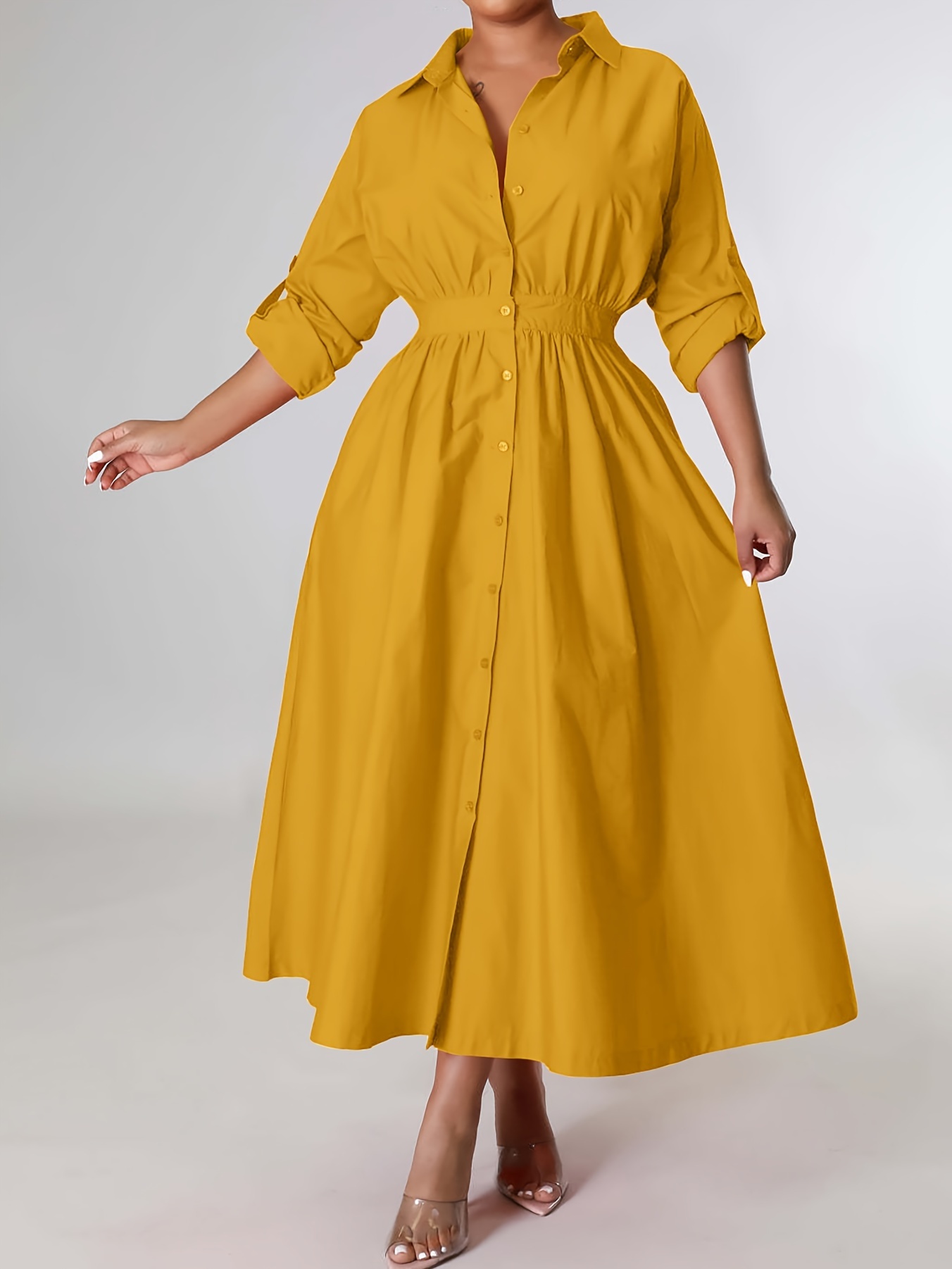 Women'* Blue Long Sleeve Button-Up Shirt Dress V-Neck, Loose Fit with  Pockets *-Length Casual to Semi-Formal Wear, Spring/Fall, Ladies Dresses