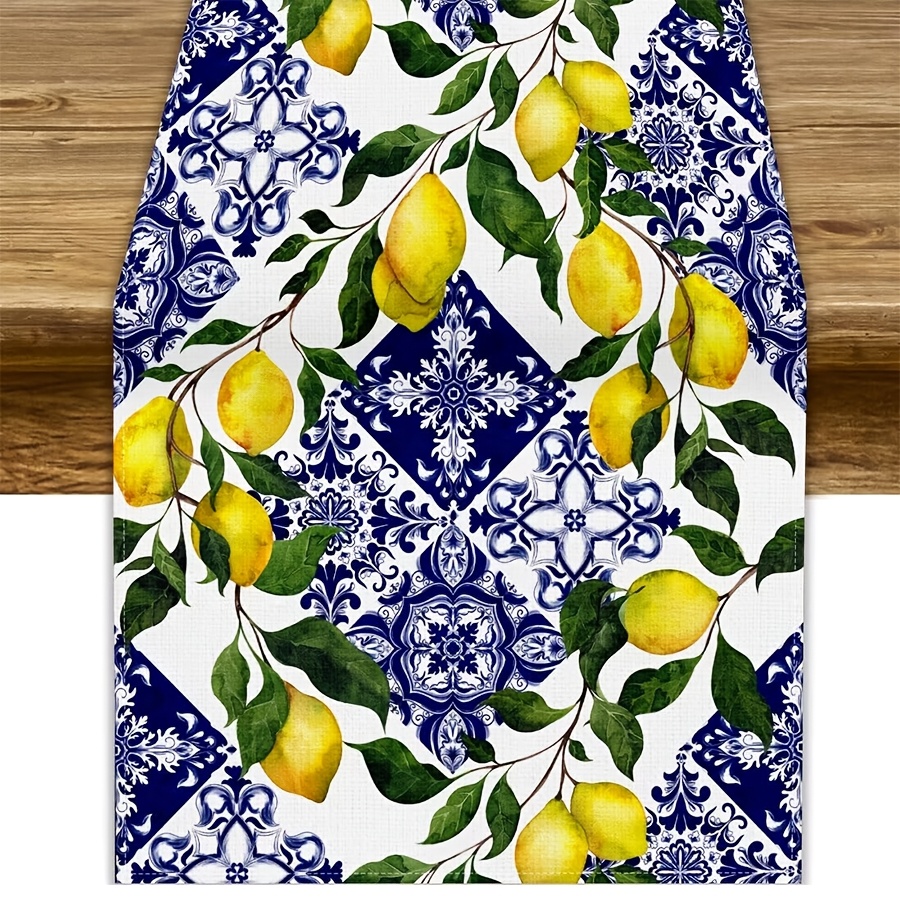 

1pc Linen Table Runner - 100% Woven Square Table Decor With Blue Tile Lemon Print For Farmhouse, Home, Kitchen, Indoor & Outdoor Dining, Party Decoration