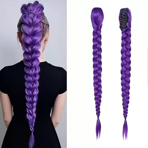 item picture kpop purple long hair fishtail braid hair clip ponytail synthetic wig high temperature fiber curly wavy korean trend role scene holiday costume halloween and christmas hair accessory
