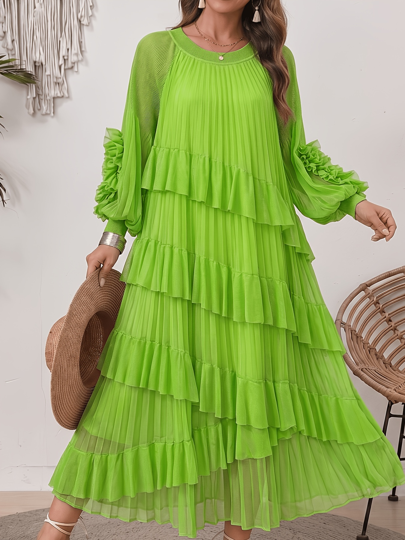 womens elegant solid color lantern sleeve maxi dress pleated - Temu