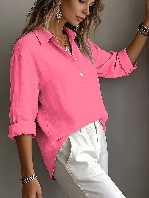 womens lapel half button blouse casual roll up long sleeve pullover shirts loose fit soft breathable tunic tops everyday basic solid color tunic shirt for spring autumn ladies comfortable daily wear oversized blouse trendy minimalist