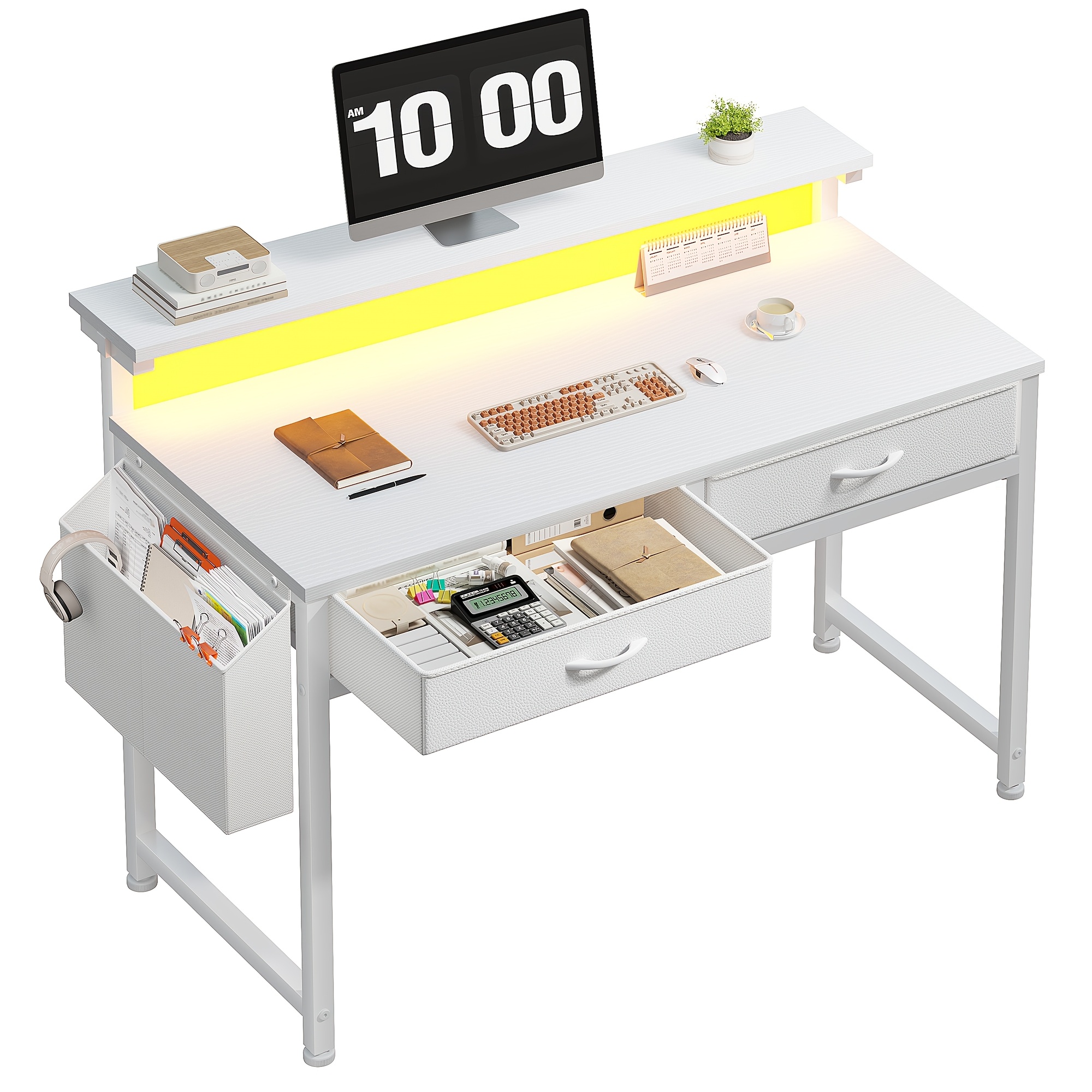 31 5 inch office computer desk featuring led lights and two fabric drawers a gaming desk with side pockets and an ergonomic monitor stand designed for small spaces with a tilt proof design in black and white