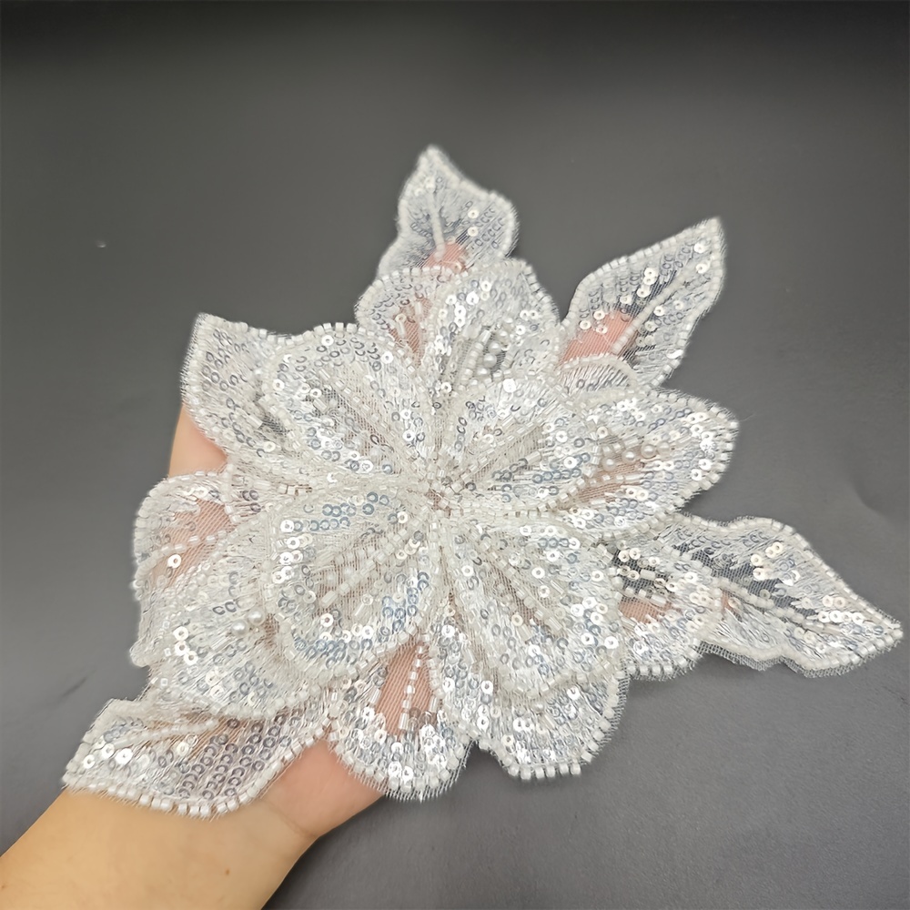 Handcrafted 3d Beaded Flower Applique With Sequins And Rhinestones - White Lace Embroidery Patch For Diy Dresses, Gowns, Wedding Decor & Sewing Projects, Stickers, Sew On, Clothing