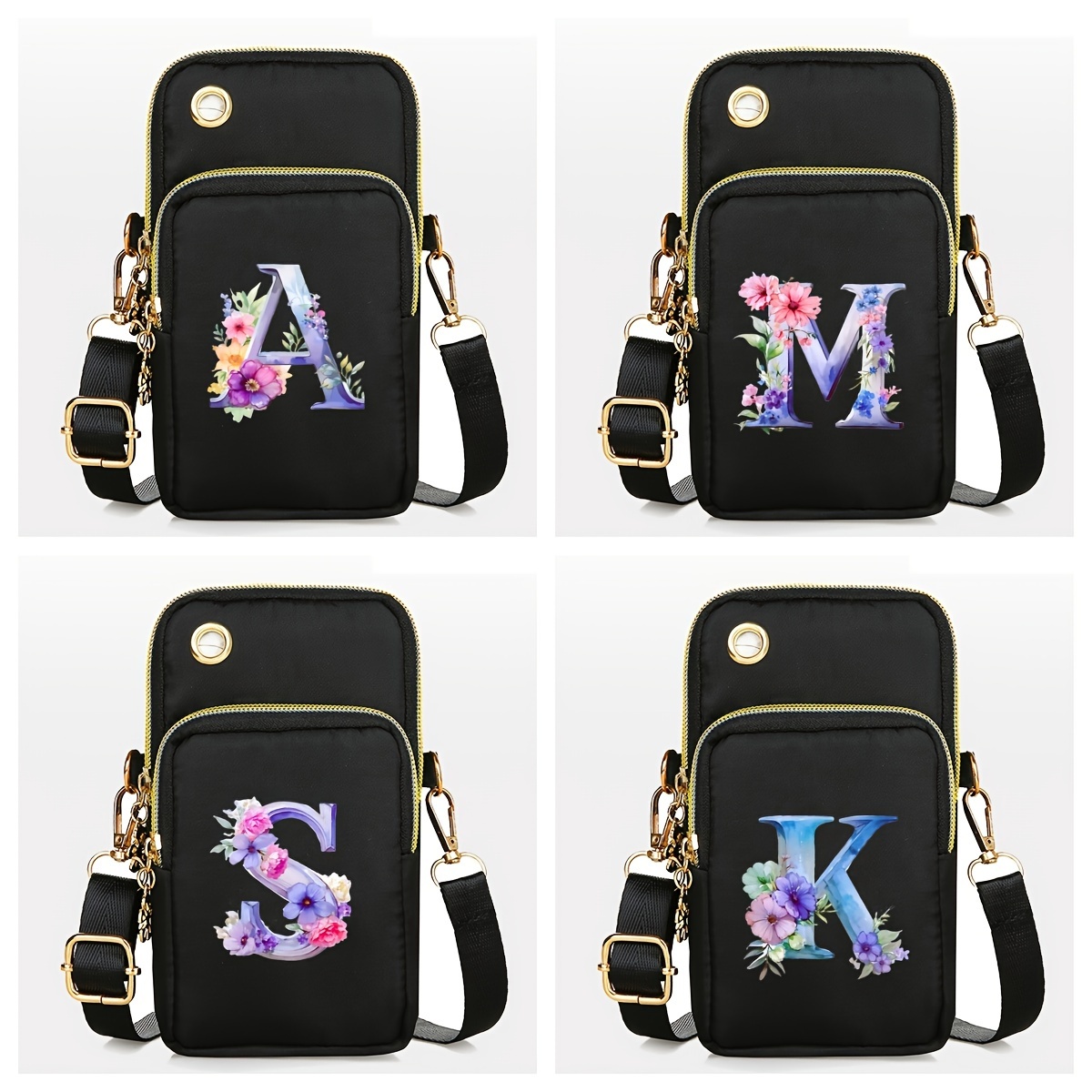 

Mini Personalized Floral Alphabet Nylon Phone Bag With Detachable Strap, Coin Purse, Sporty Style Crossbody Pouch For Casual And Outdoor Activities