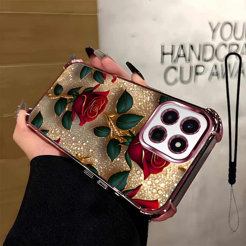 TEMU Phone Case: 2d Flat,2pcs Set: Includes 1 Phone Case + 1 Strap,shimmering Rose 2d Flat, Phone Case,suitable X6c,unisex Lanyard Phone