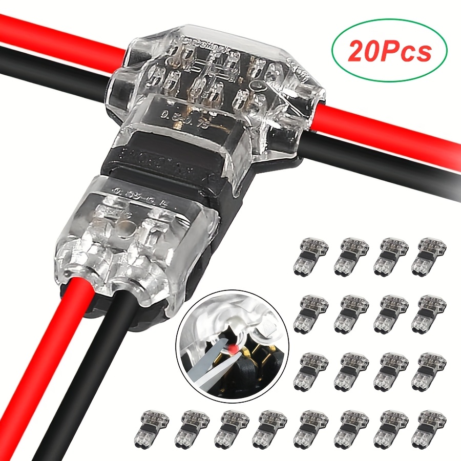 

20pcs T-type Wire Connectors, 2-pin Solder-free 3-way Quick Connect, Pvc Insulated Copper Contact, Low Voltage Connectors For Led Strips, Auto Parts, 24 Awg Cable Compatible