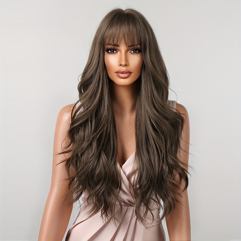 

Long Brown Wig With Bangs, Synthetic Wavy Bang Brown Wigs For Women, Women Long Curly Heat Resistant Brown Hair Wig, Cosplay Wig 26 Inches