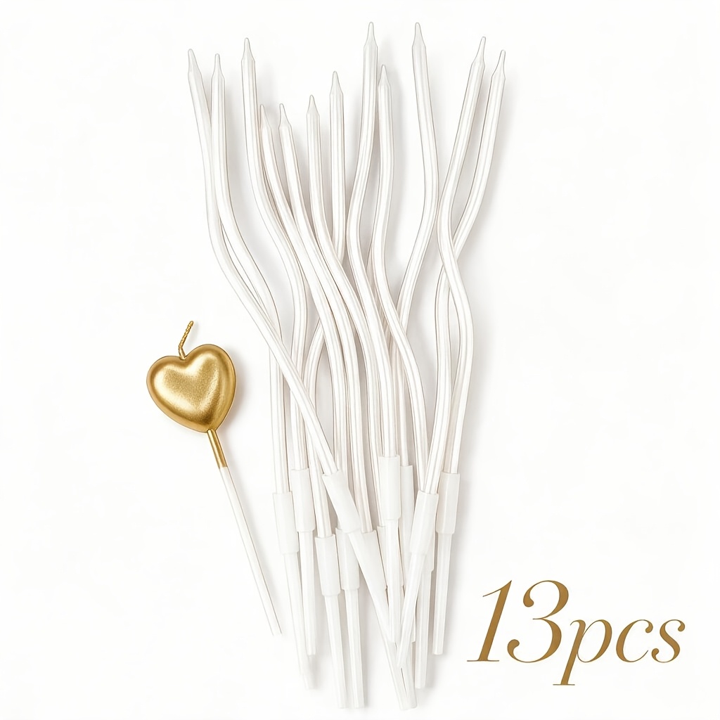TEMU Wavy Birthday Cake Candle Set, 13pcs, Includes 12 Curved Long-stem Candles + 1 -shaped Candle, Delicate Pearlescent Texture, Smokeless Burning,