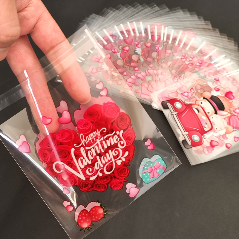 

100pcs Valentine's Day & Rose Print Self-sealing Gift Bags - Wedding Favors, Party Favors, And Bridesmaid Gifts | Plastic Bags With Adhesive Closure