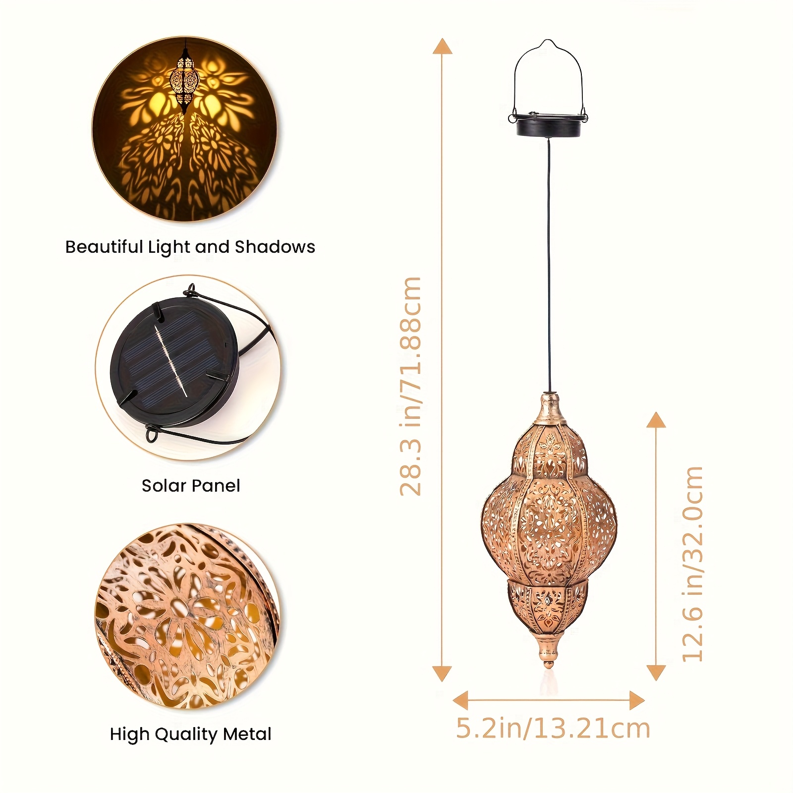 TEMU 26.6-inch Solar-powered Hanging Lantern Decor, Iron Gourd Cutout Projection Light, Waterproof, 800mah Battery, For Corridors, , , Lawns, ,