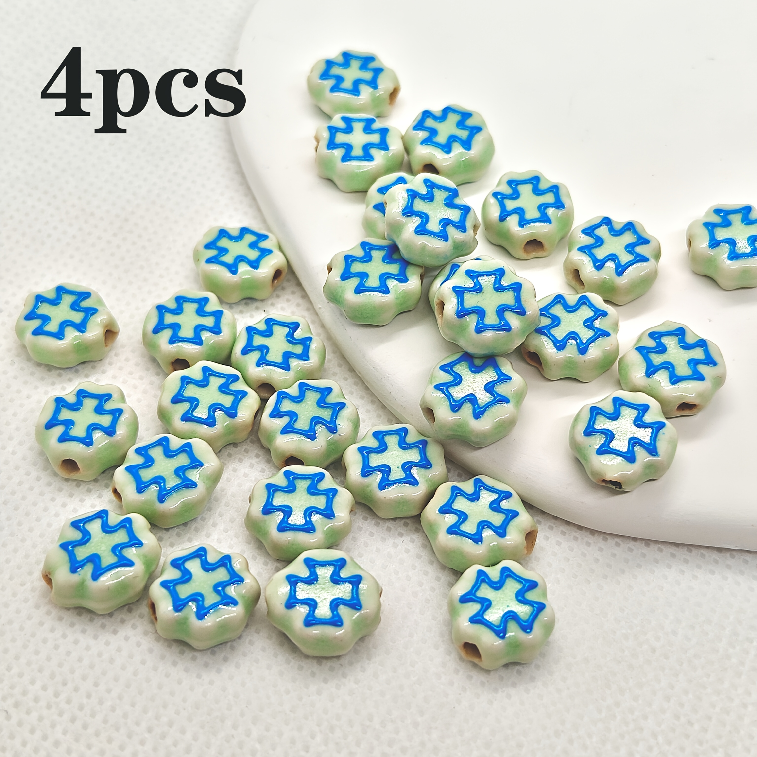 4pcs Hand-Painted Cross & Ceramic Beads for DIY