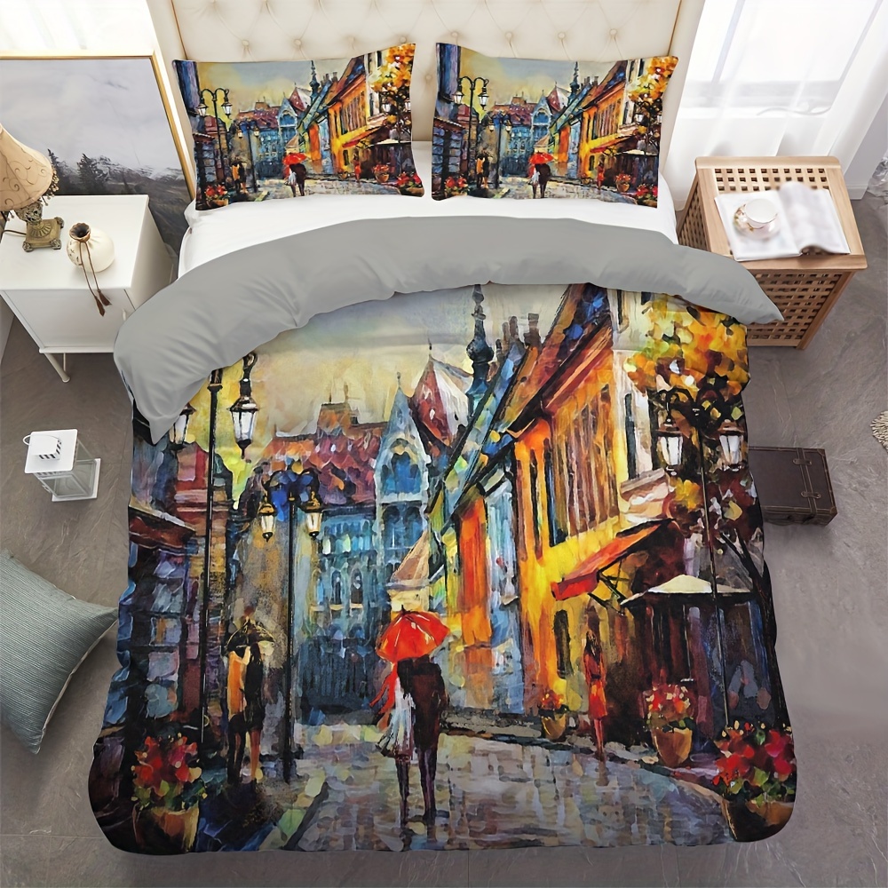TEMU Ensemble de 2 ou 3 pièces comprenant une housse de couette imprimée avec une vue de rue peinture à l'huile, design paysager élégant, douce et